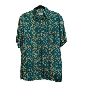 CEZAR 100% Silk‎ Short Sleeve Shirt Button Up Green Brown Geometric Size S